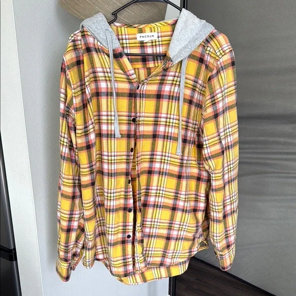 PacSun Jackets Coats Pacsun Yellow Gray Hooded Flannel Mens